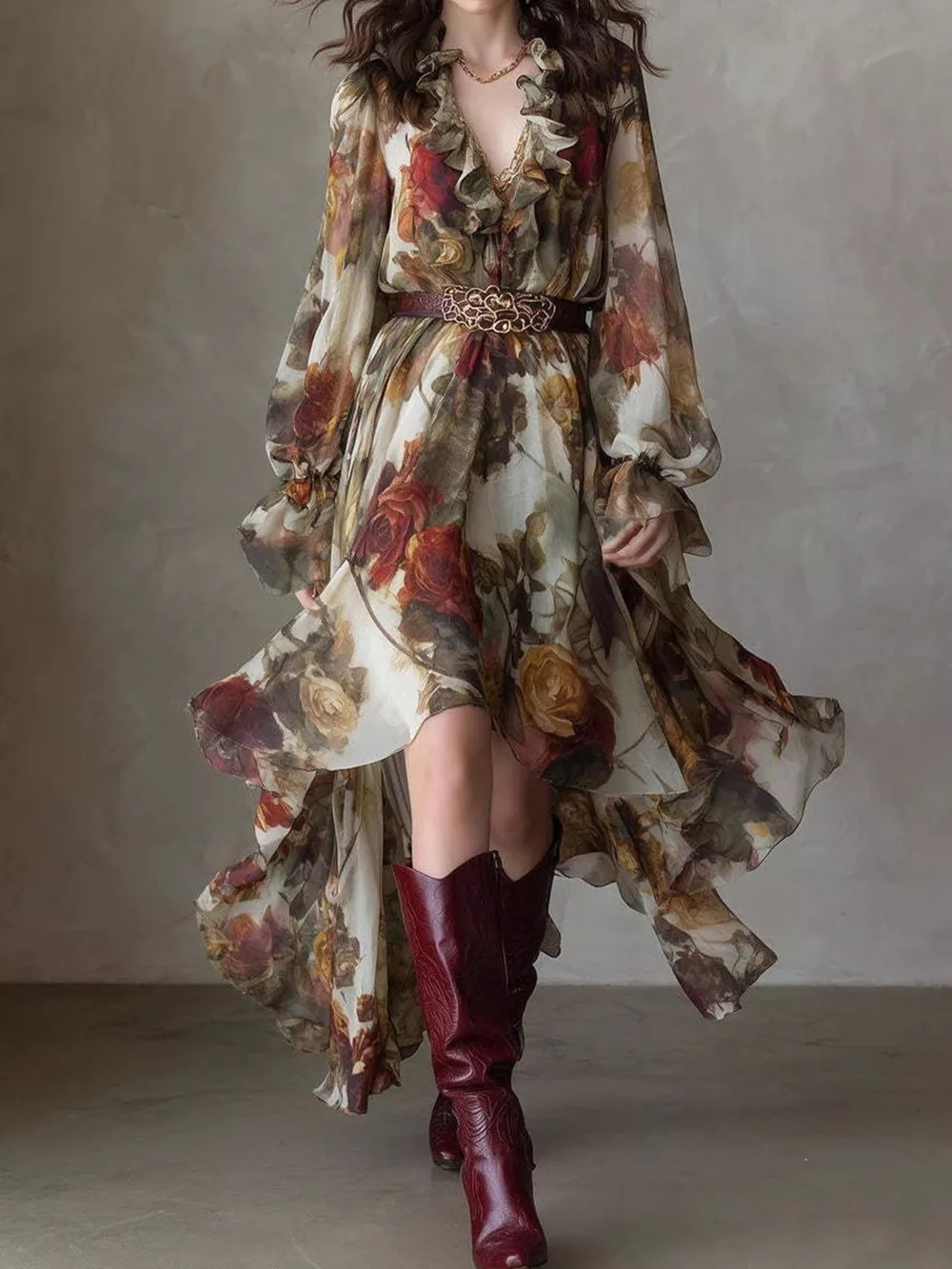 Floral Print Ruffle Trim High-Low Chiffon Maxi Dress, image 2