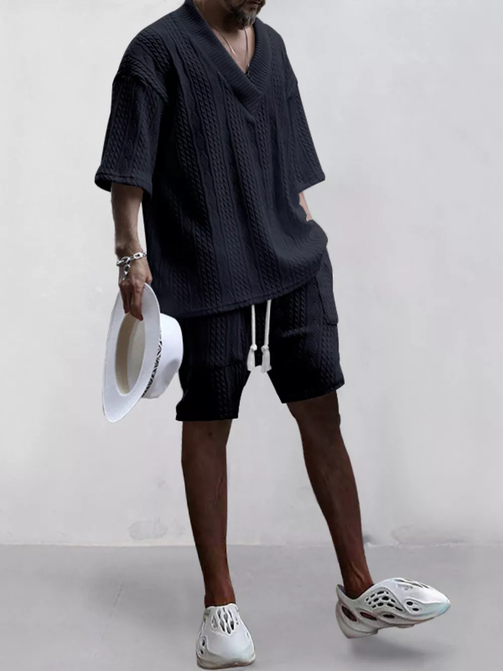 Men's Full Size Casual Knit V-Neck Short Sleeve Top and Shorts Set Plus Size, image 13