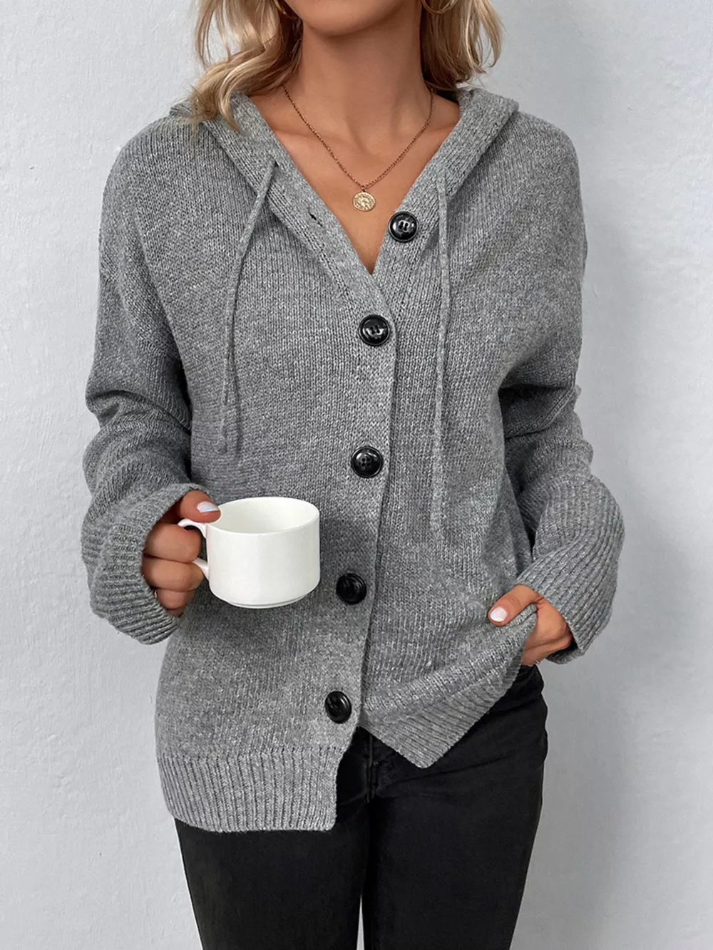 Cozy Knit Hooded Button-Down Cardigan, image 3