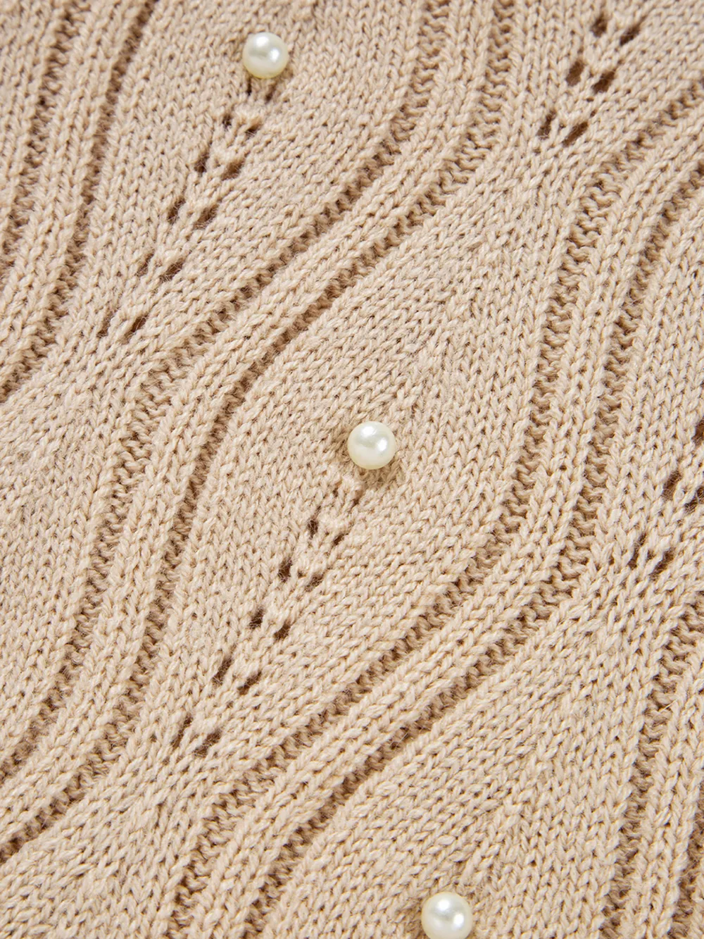 Pearl Beaded Pointelle Knit V Neck Lace Patchwork Sleeve Sweater, image 7