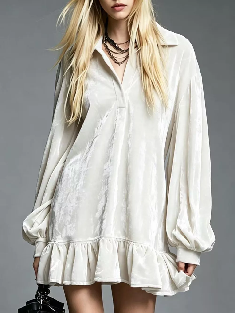 Full Size Velvet Long-Sleeve Ruffle Hem Mini Dress Plus Size, image 10
