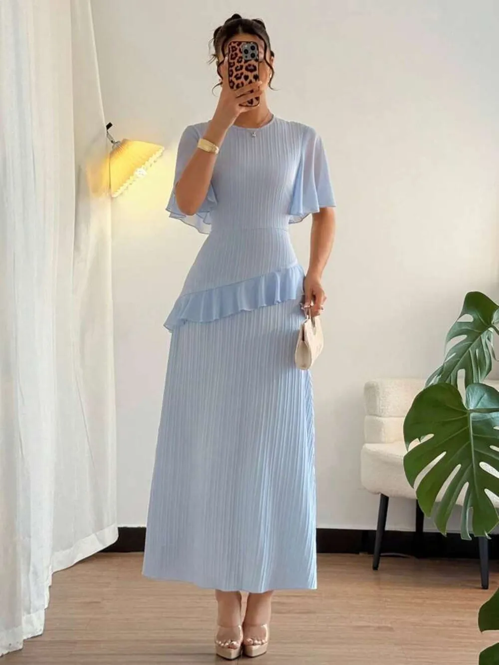 Ruffled Round Neck Flutter Sleeve Dress, image 7