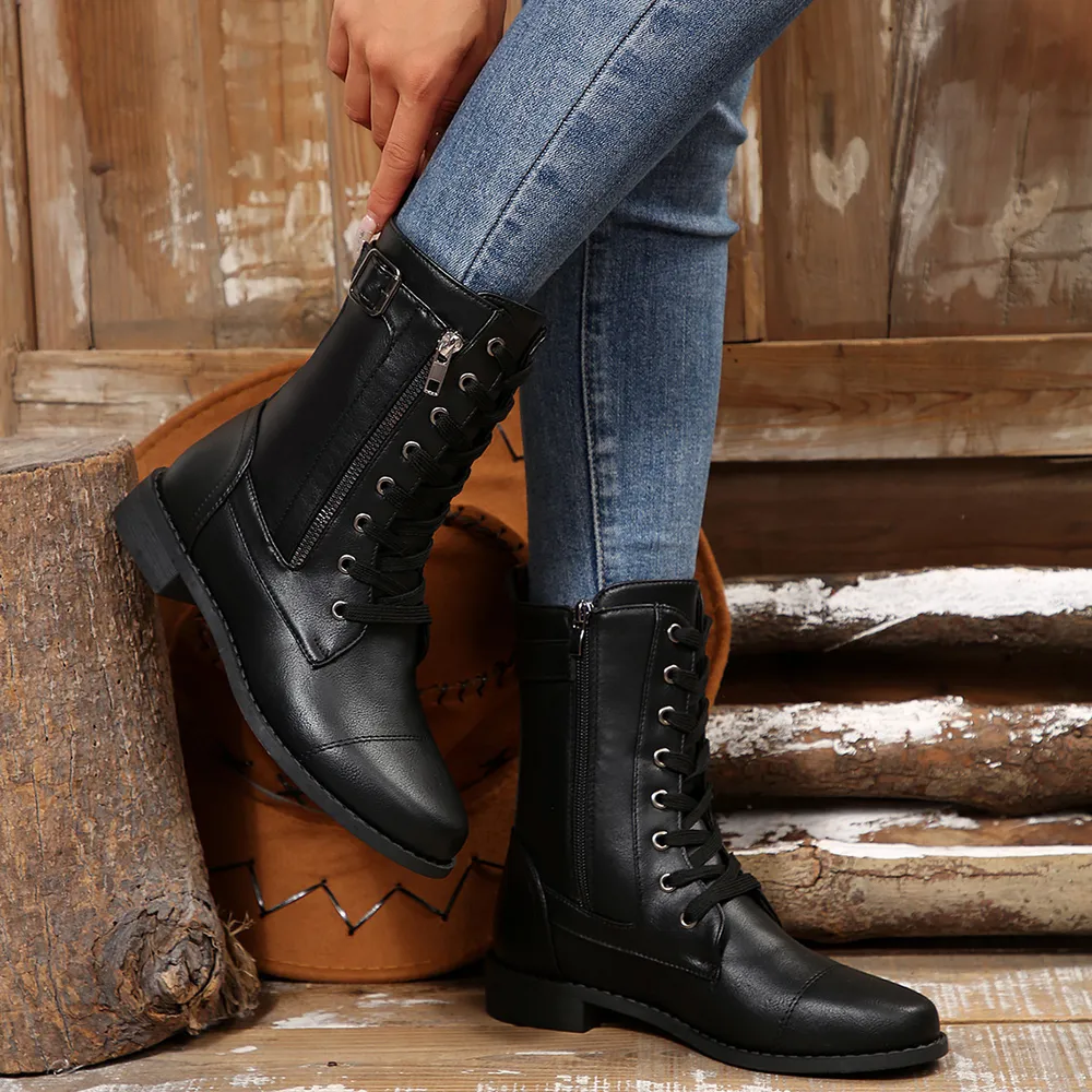 Round Toe Lace Up Block Heels Boots, image 3