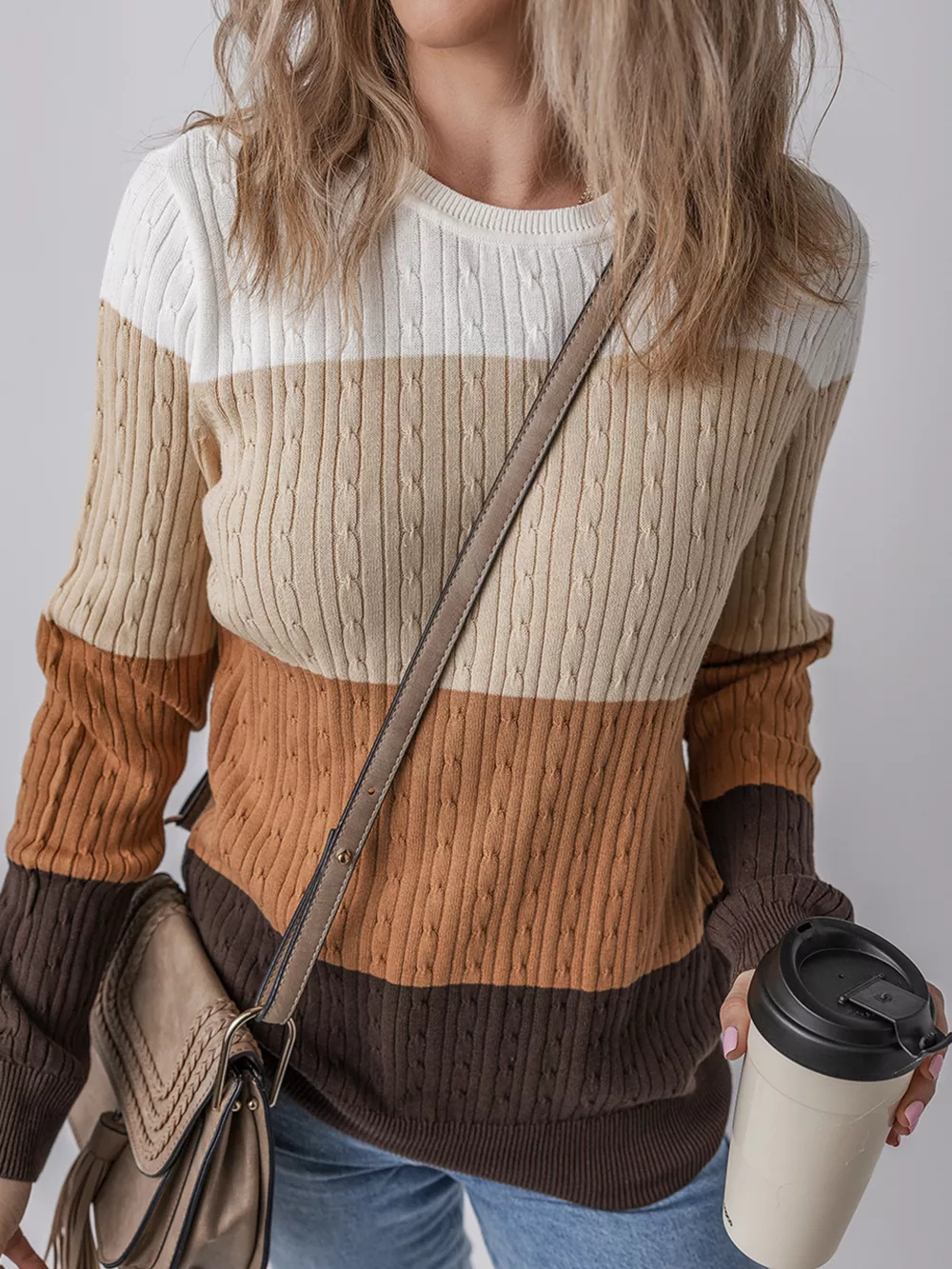 Colorblock Cable Knit Round Neck Sweater, image 5