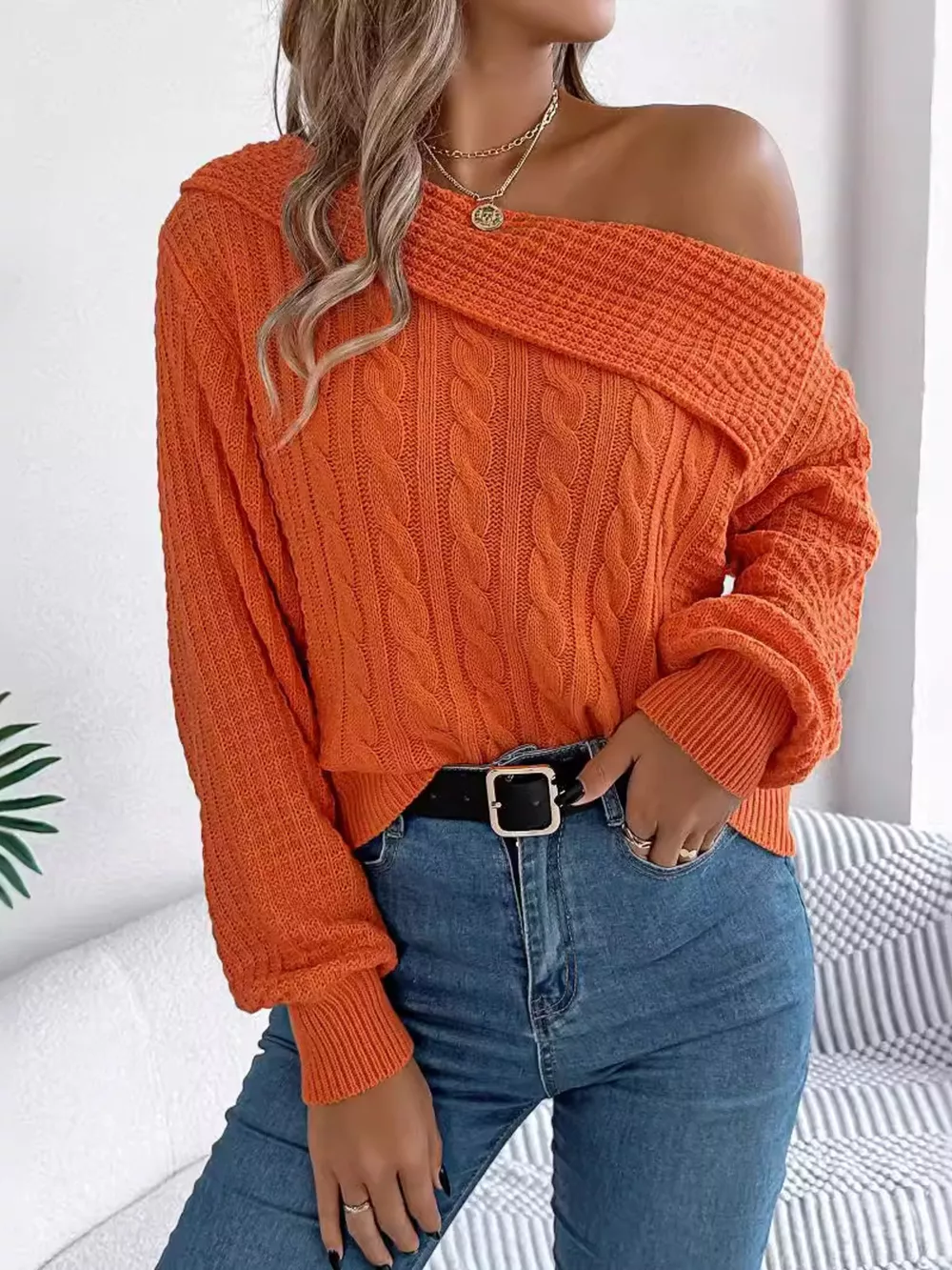 One Shoulder Cable Knit Sweater, image 15
