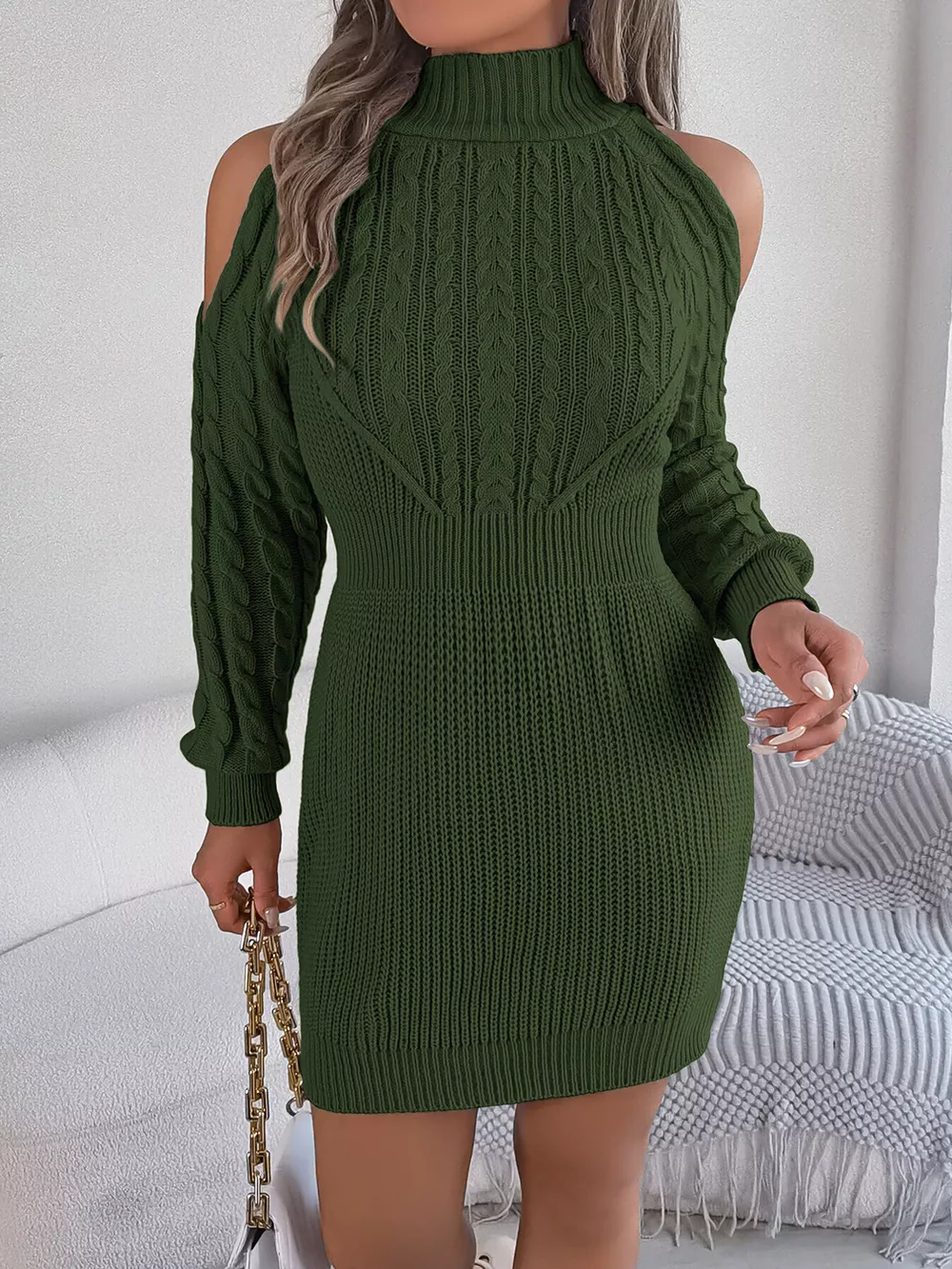 Cold Shoulder Cable Knit Turtleneck Sweater Dress, image 8