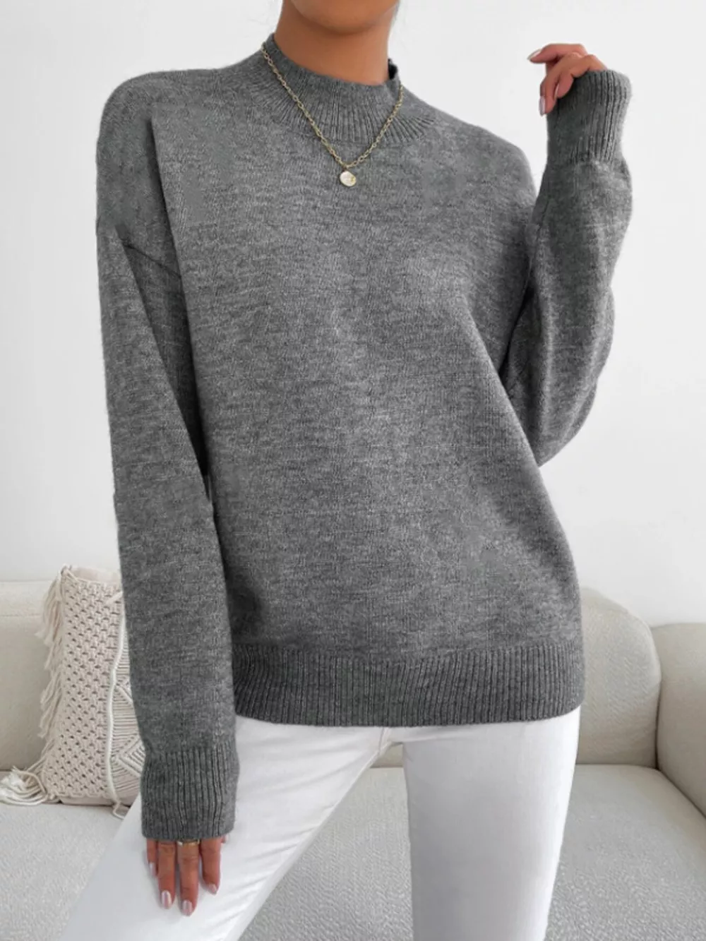 Mock Neck Dropped Shoulder Sweater, image 2