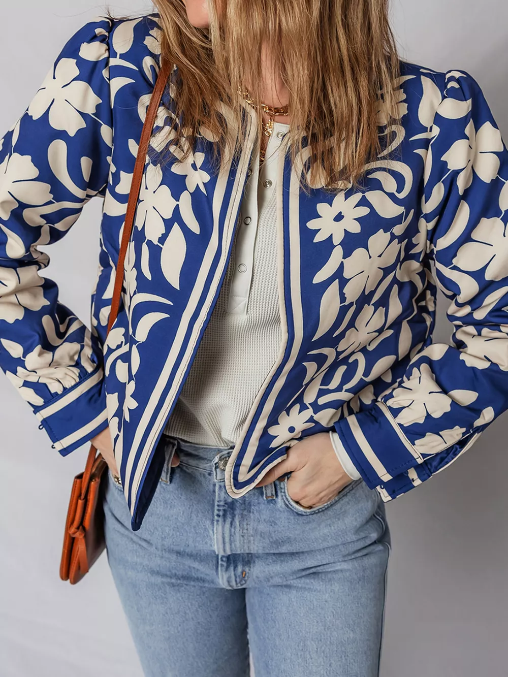 Flower Print Open Front Buttoned Cuffs Elegant Jacket, image 3