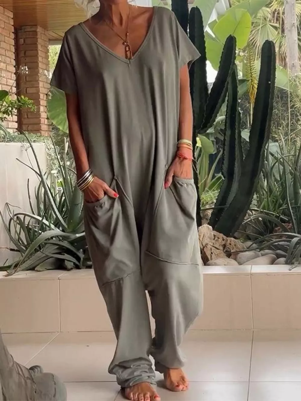 Full Size Loose Fit V-Neck Short Sleeve Wide Leg Jumpsuit Plus Size, image 4