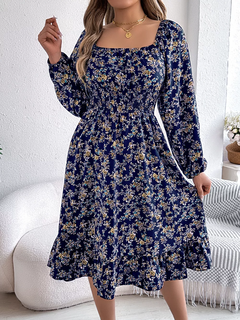 Floral Print Long Sleeve Square Neck Midi Dress, image 5