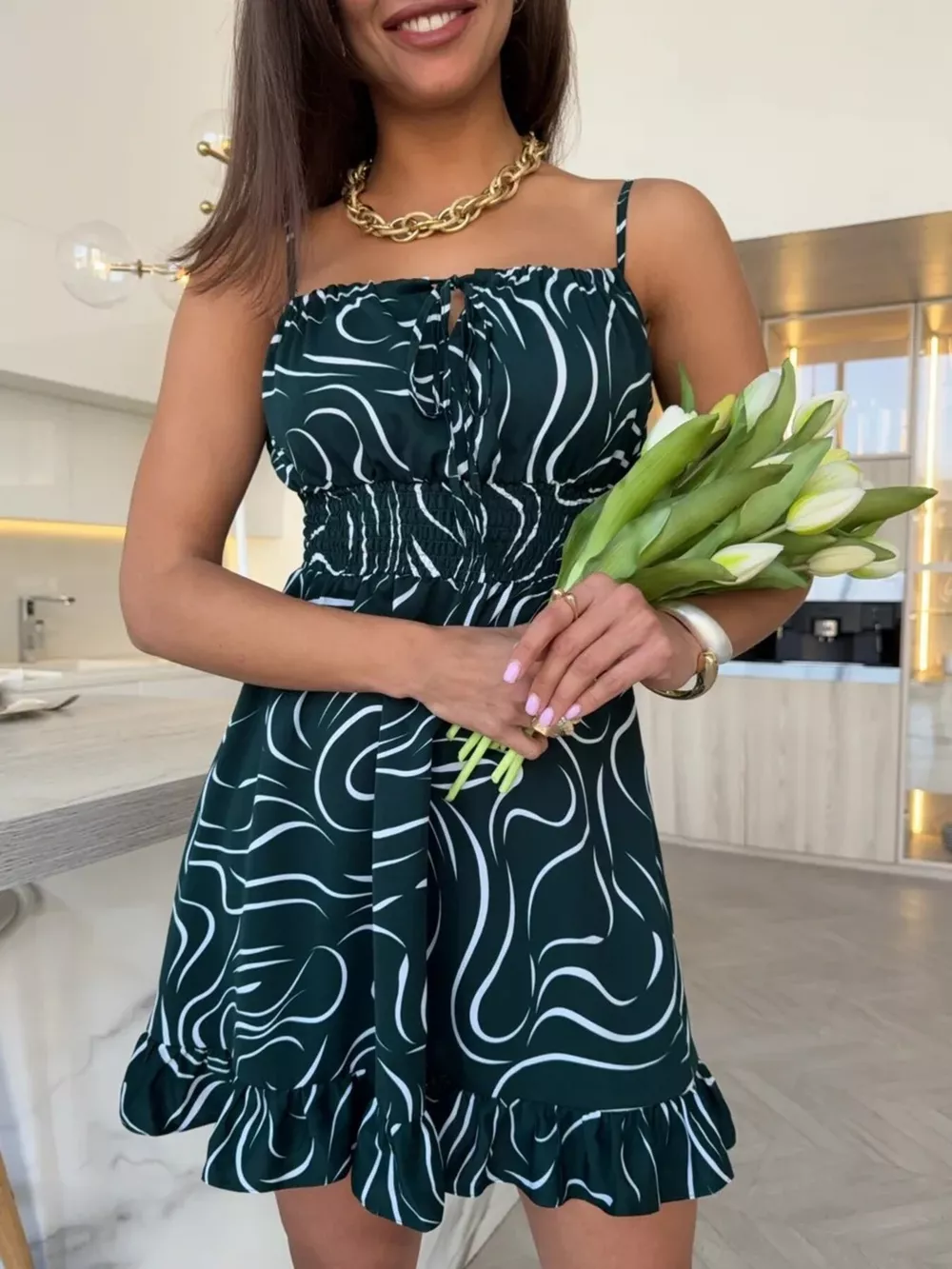 Spaghetti Strap Ruffle Hem Mini Dress with Abstract Print, image 12