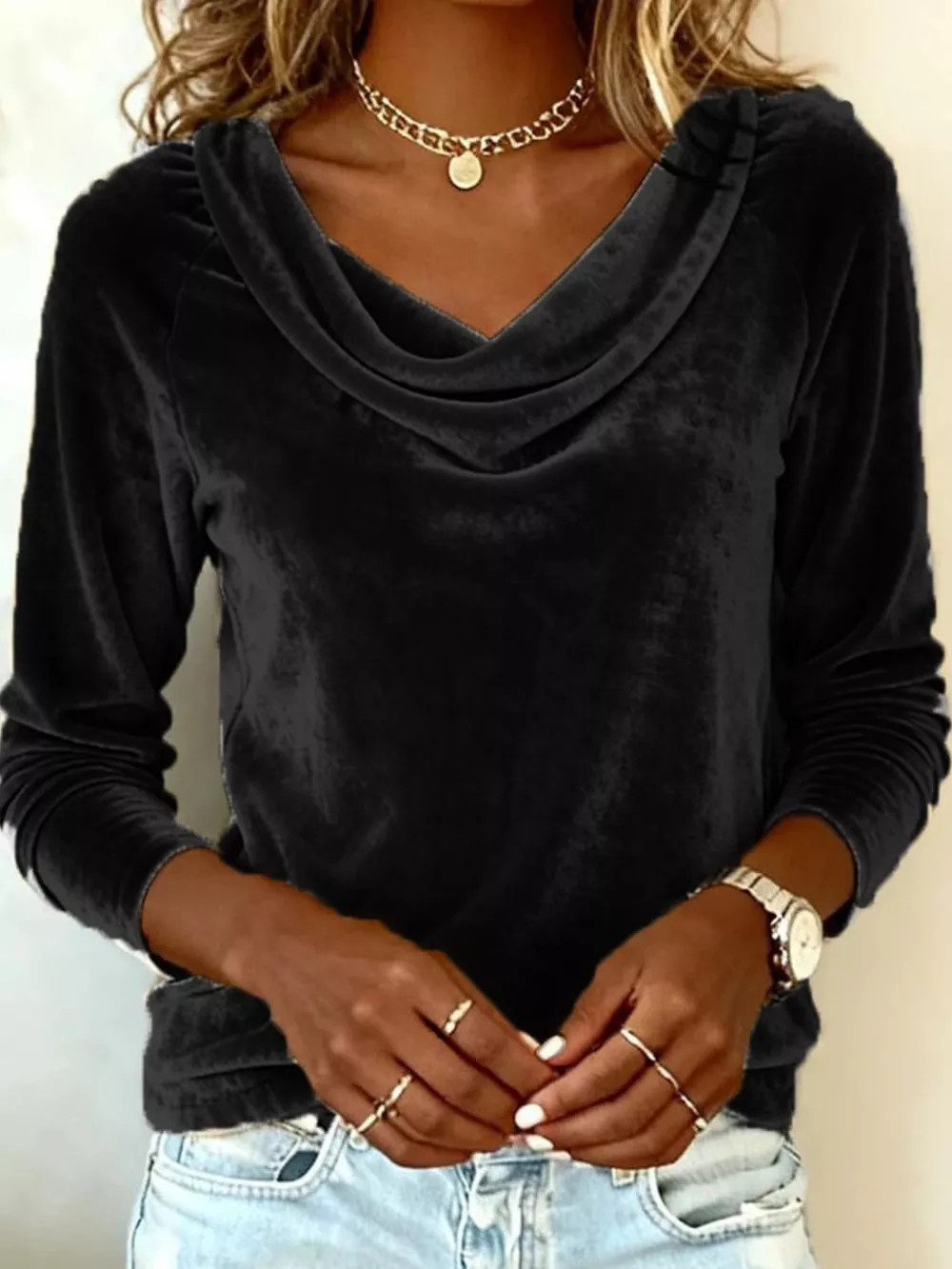 Velvet Cowl Neck Long Sleeve T-Shirt, image 18