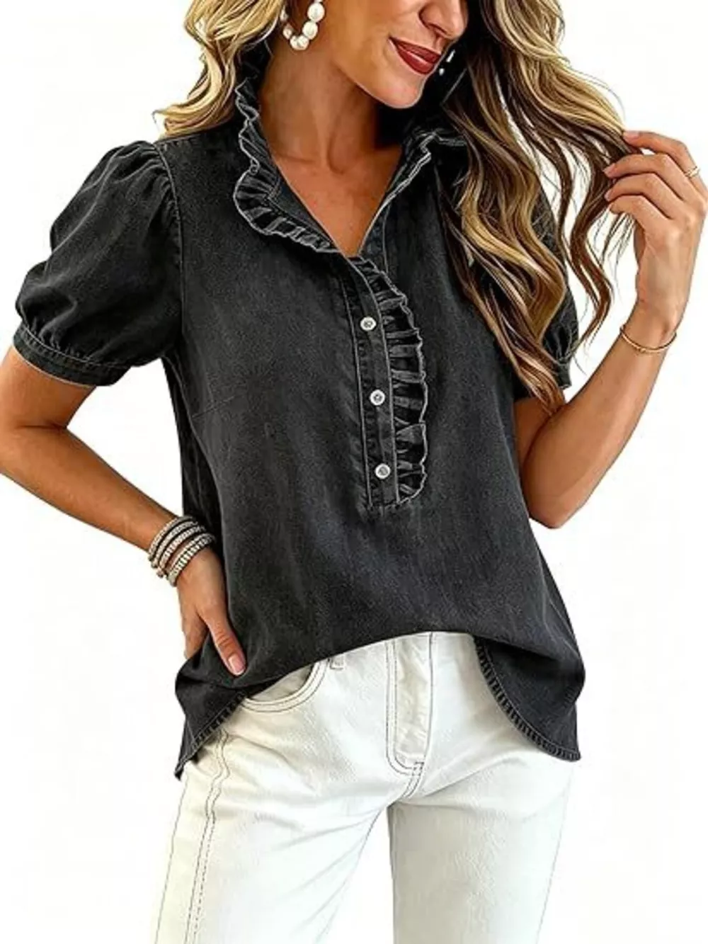 Frill Puff Sleeve Denim Top, image 4