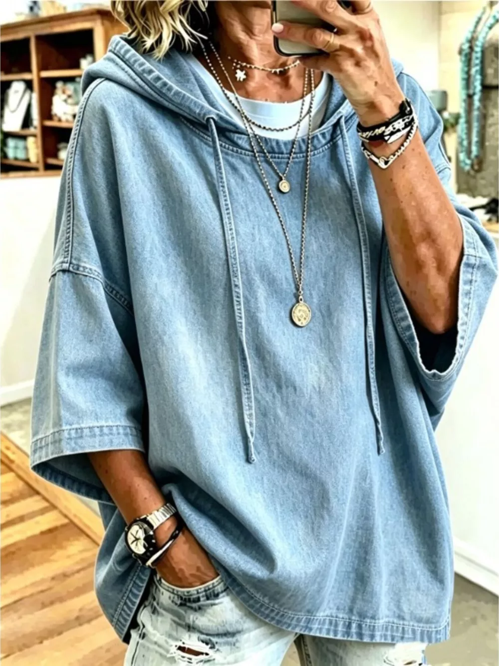 Full Size Oversized Washed Denim Hoodie Top Plus Size