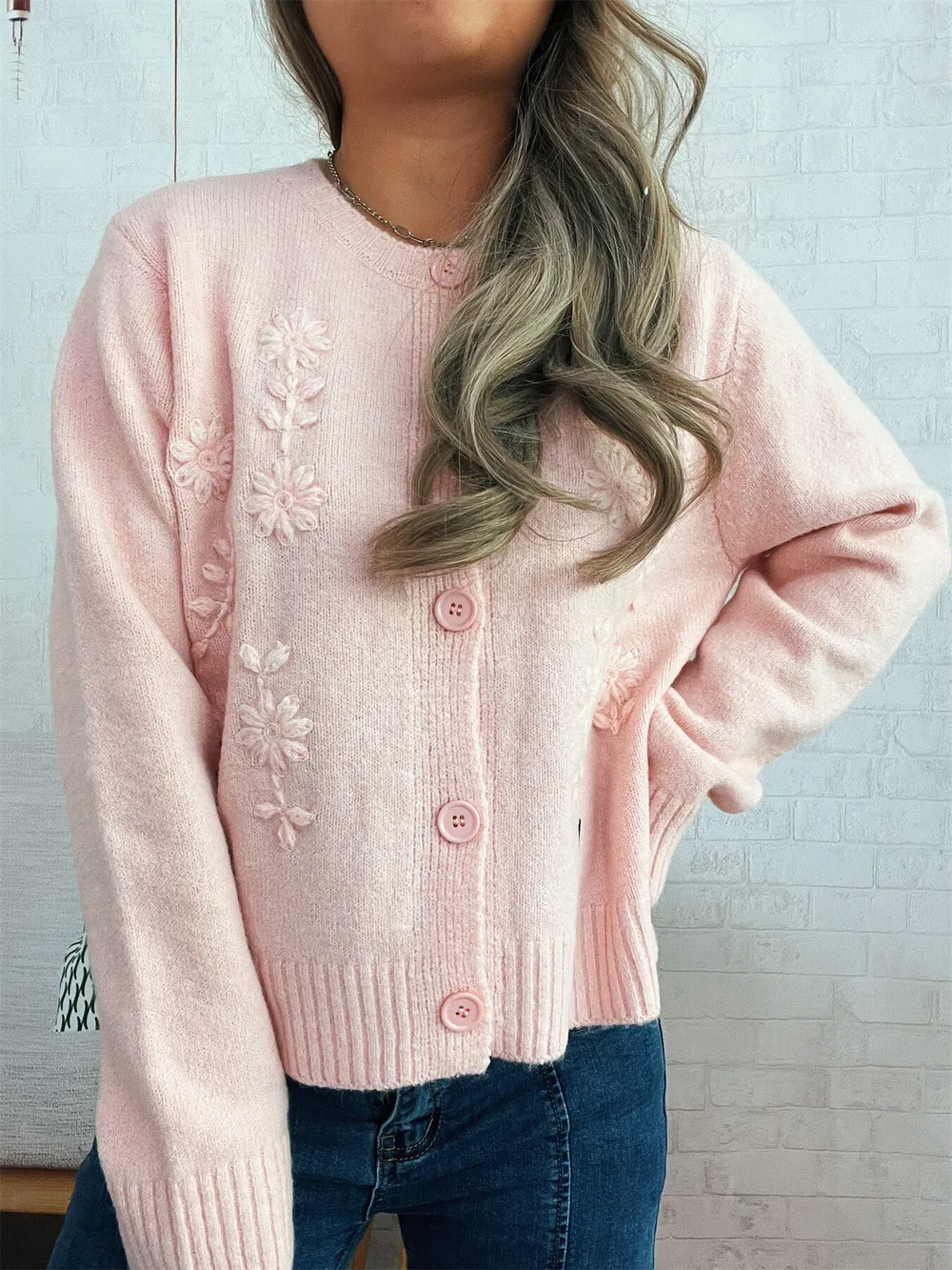 Flower Button Up Ribbed Hem Cardigan, image 9
