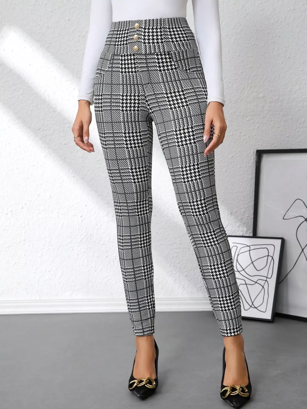 High Waist Plaid Slim Fit Pants, image 2
