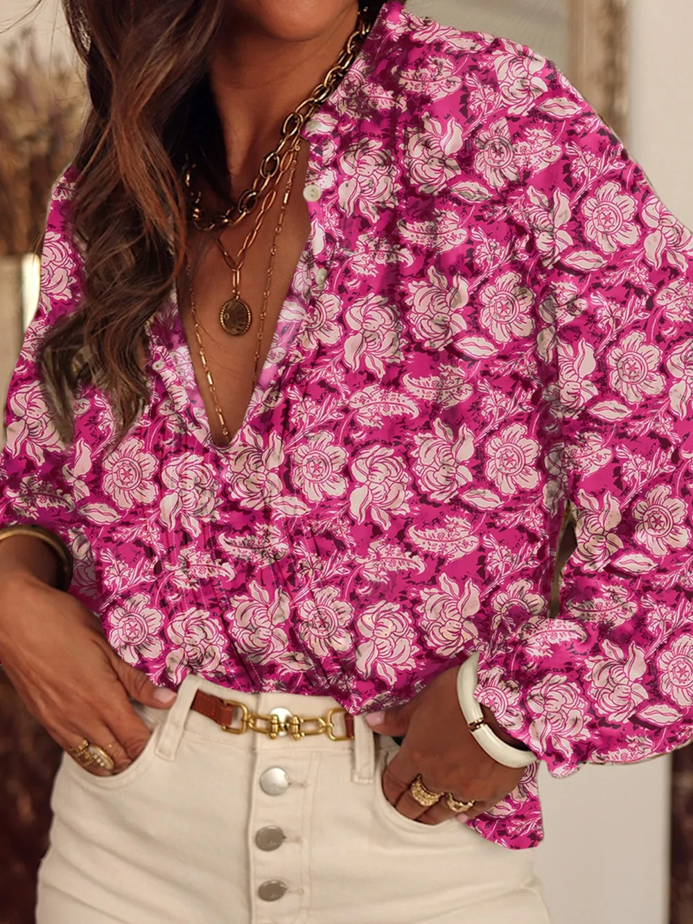 Floral Print Split Neck Pleated Long Sleeve Blouse, image 9
