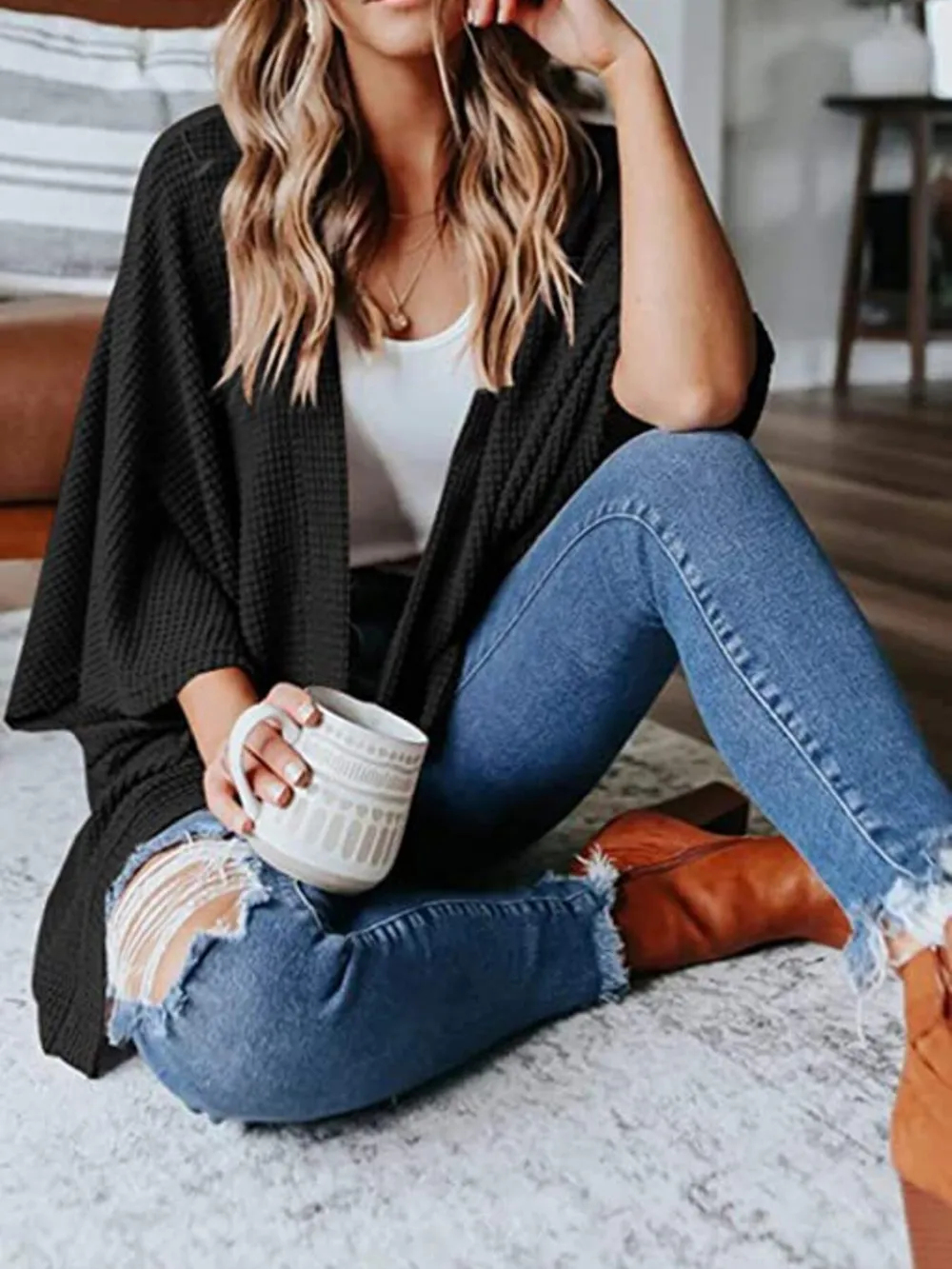 Full Size Open Front Waffle Knit Cardigan Plus Size, image 12