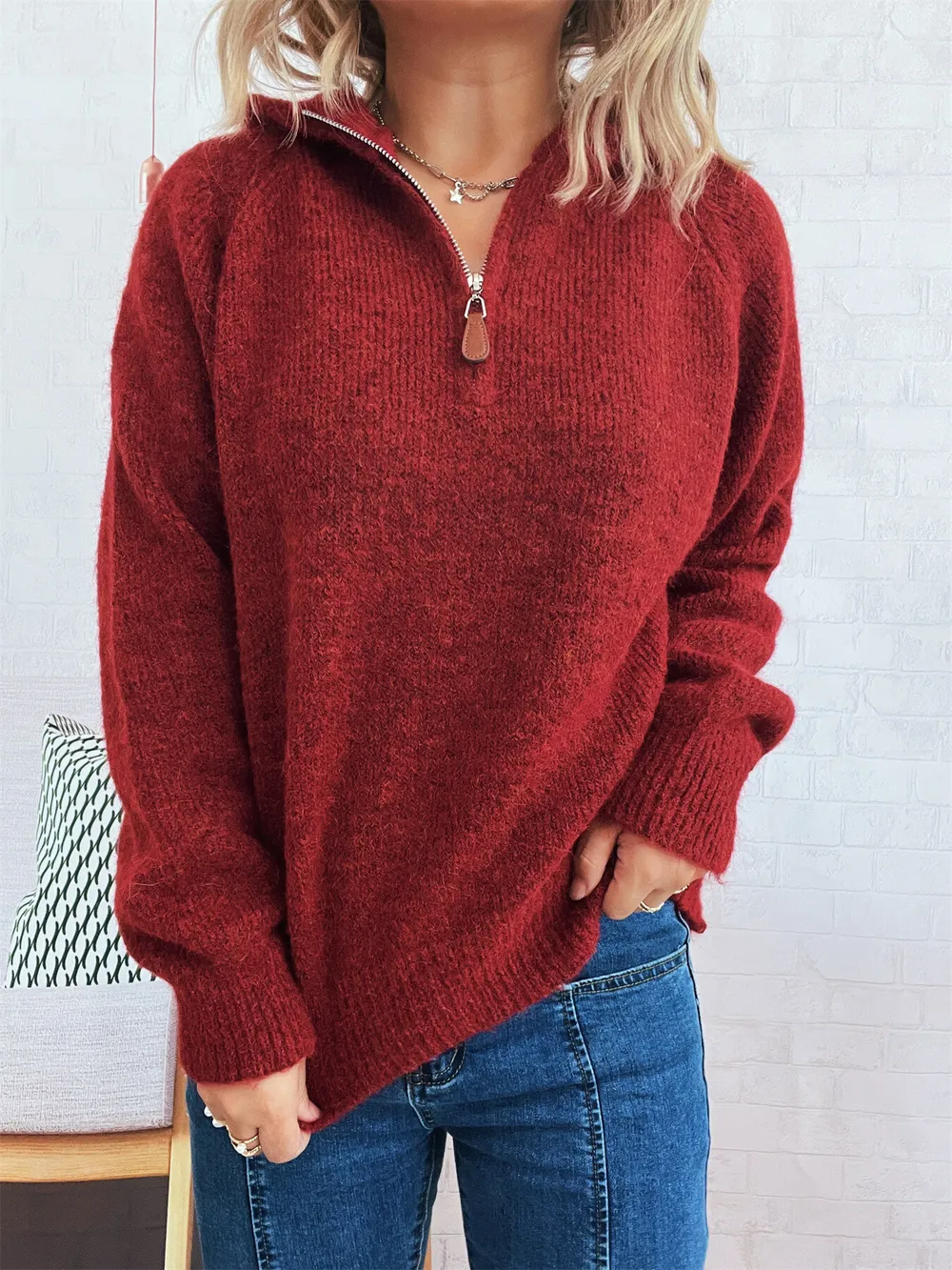 Quarter Zip Ribbed Hem Sweater, image 12
