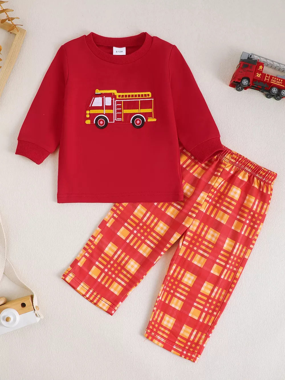 Children's Fire Truck Embroidered Top and Pants Set, image 2