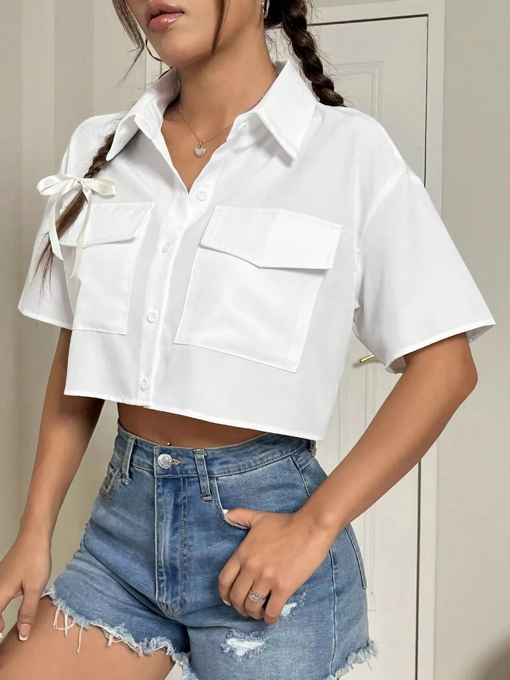 Short Sleeve Crop Shirt with Chest Pockets, image 2