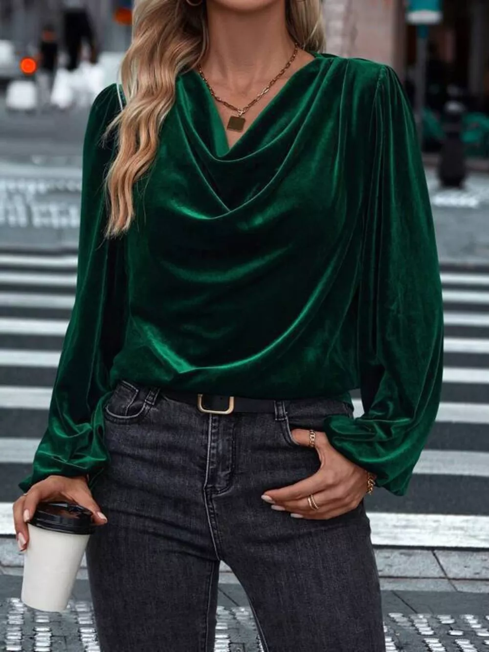 Velvet Cowl Neck Long Sleeve Blouse, image 7