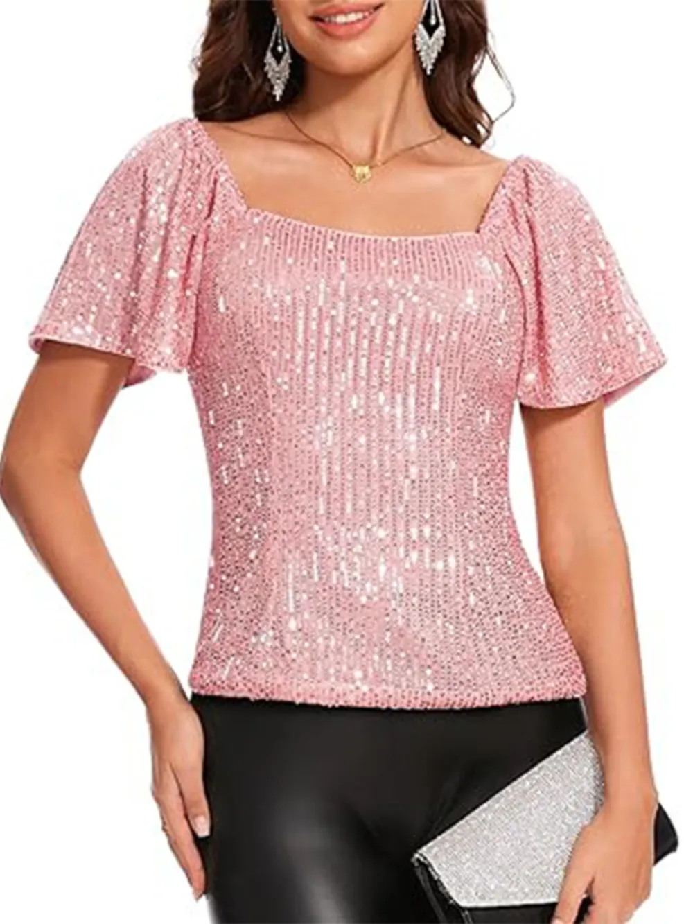 Square Neck Sequin Short Sleeve Blouse, image 8