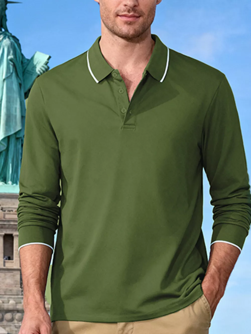 Men's Full Size Classic Long-Sleeve Polo Shirt with Contrast Trim Plus Size, image 7