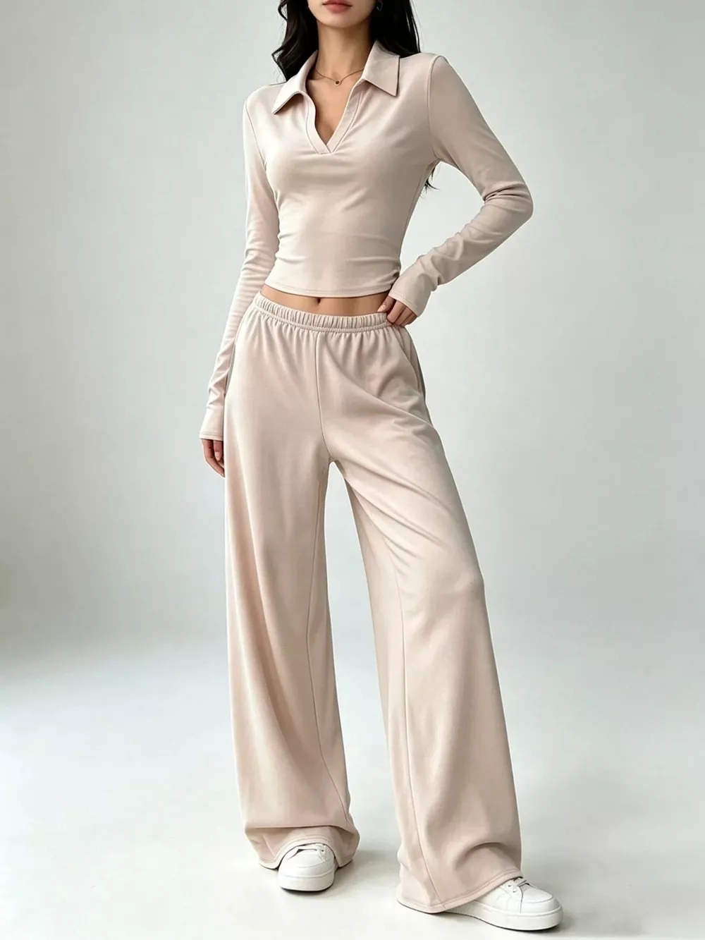 Solid Color Long Sleeve Polo Collar Top and Wide Leg Pants Set, image 2