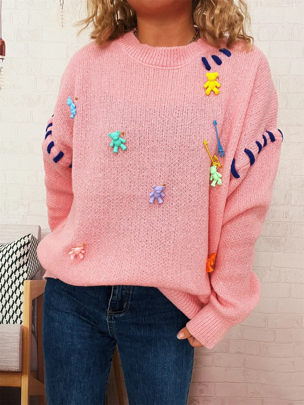 Bear Decoration Round Neck Sweater, image 4