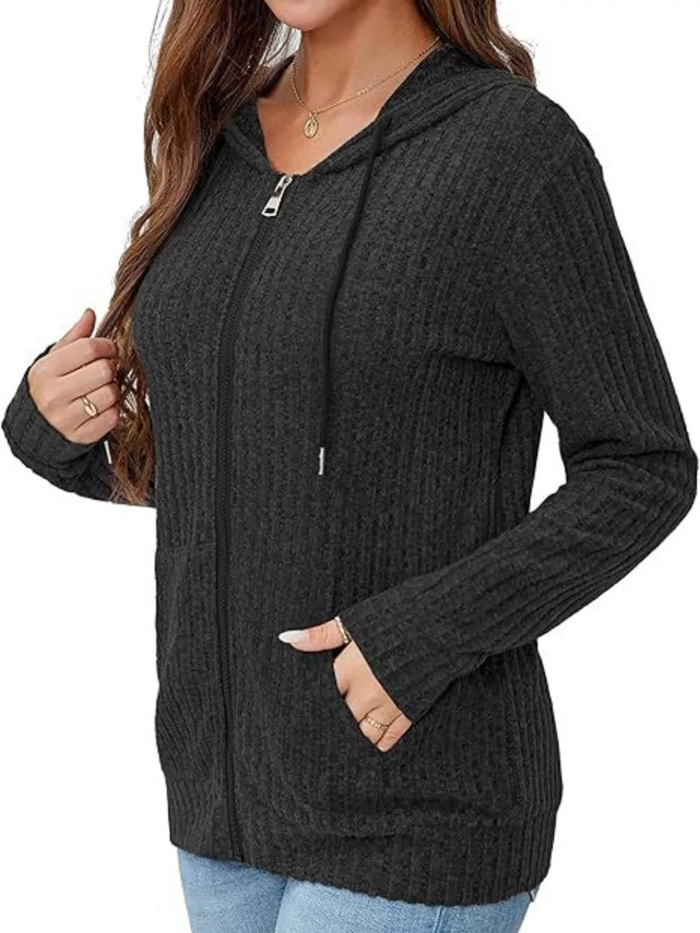 Ribbed Knit Zip-Up Hooded Cardigan, image 3