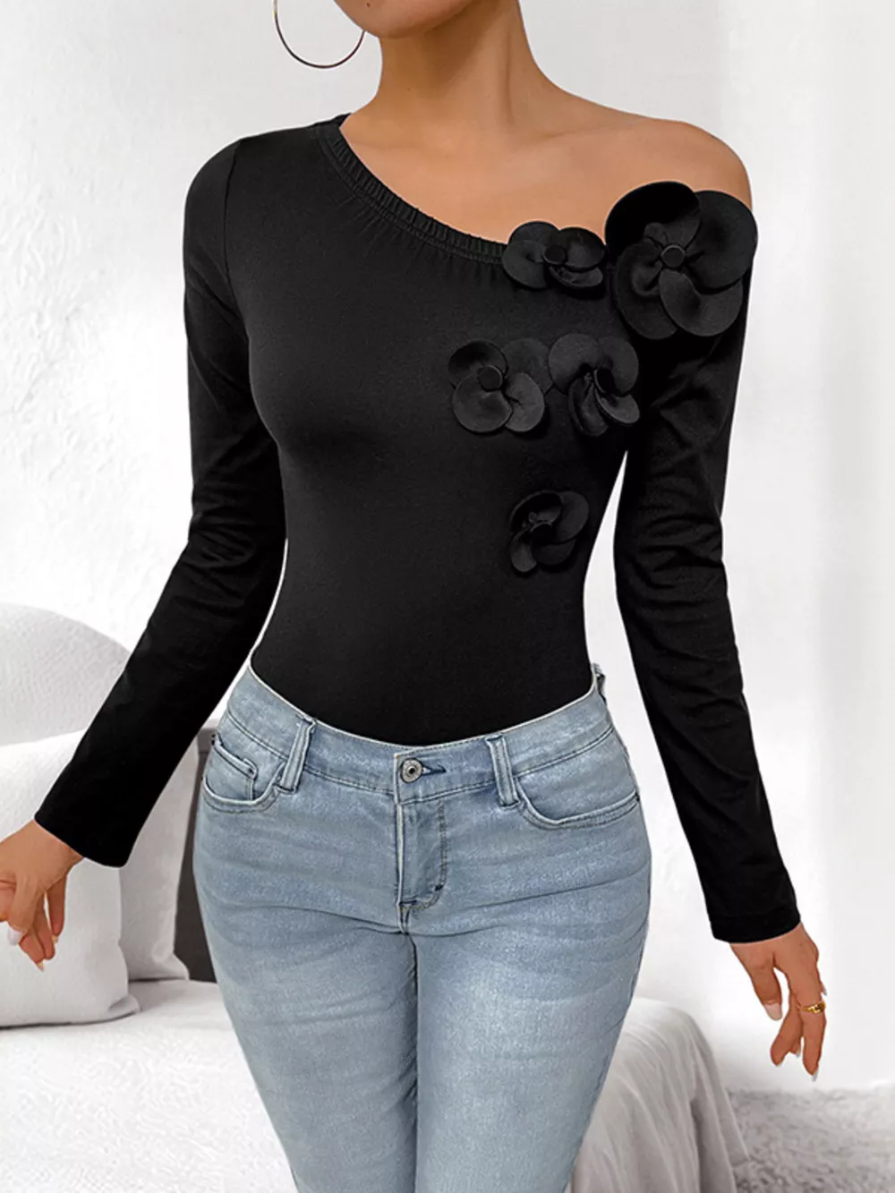 Flower One Shoulder Long Sleeve Bodysuit, image 3