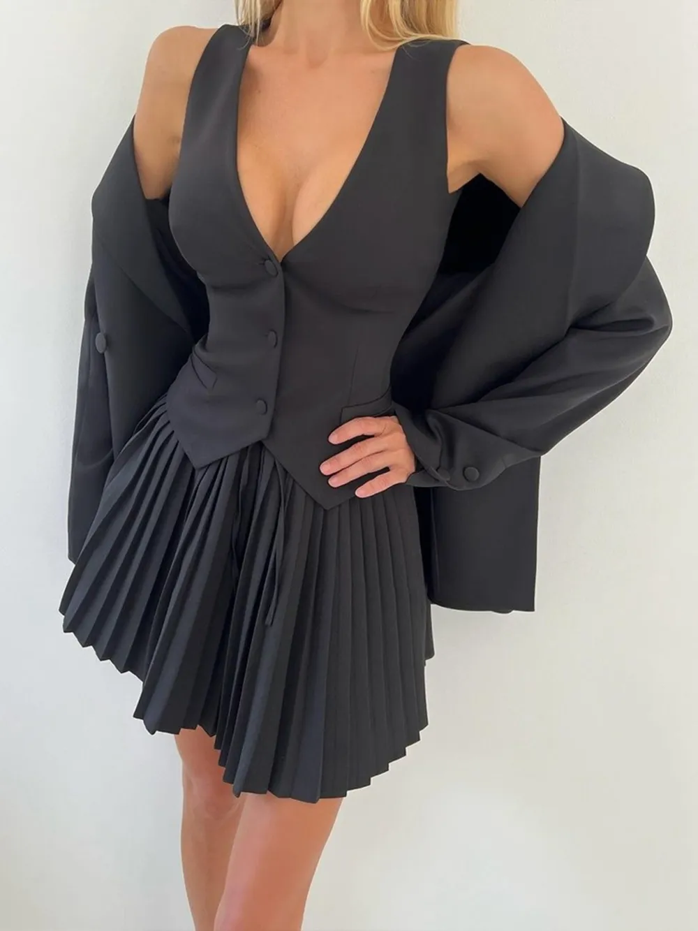 Button Up Vest and Pleated Mini Skirt Set, image 9