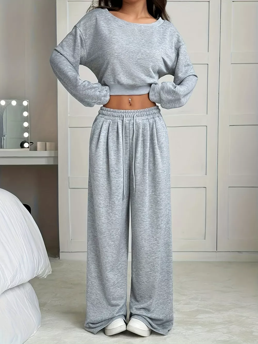 Full Size Boat Neck Crop Top & Wide Leg Pants Set Plus Size, image 5