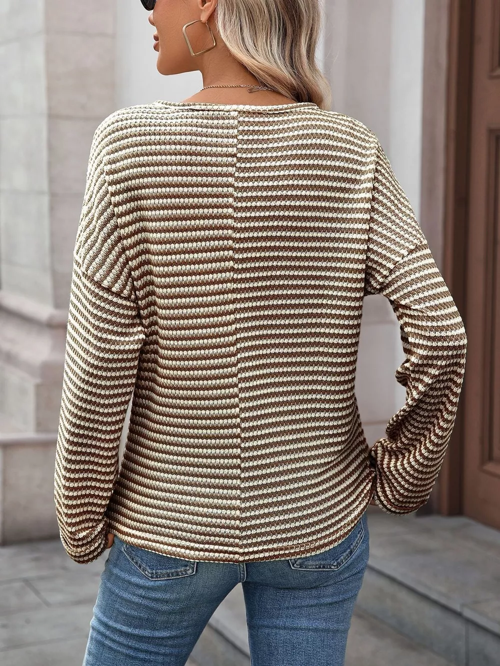 Striped Notched Long Sleeve T-Shirt, image 8