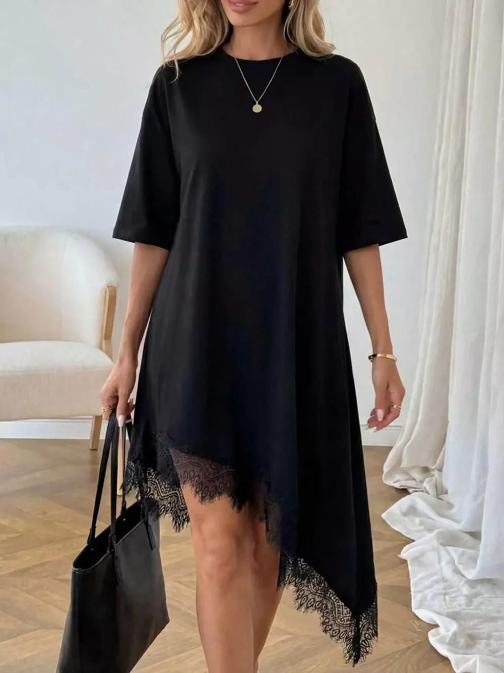 Lace Trim Asymmetrical Hem T-shirt Dress, image 9
