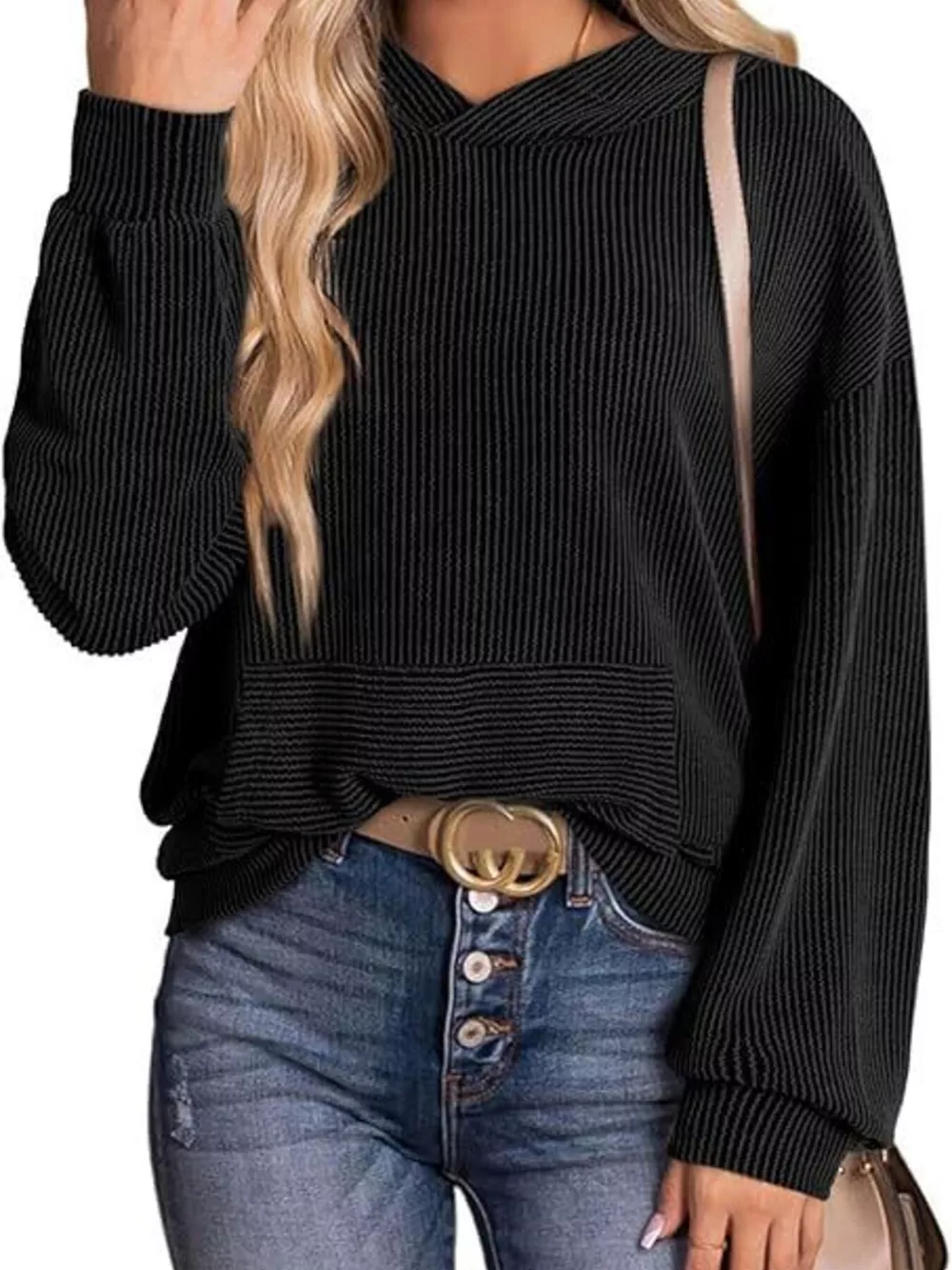 Ribbed Oversized Hoodie Sweatshirt with Pocket, image 11