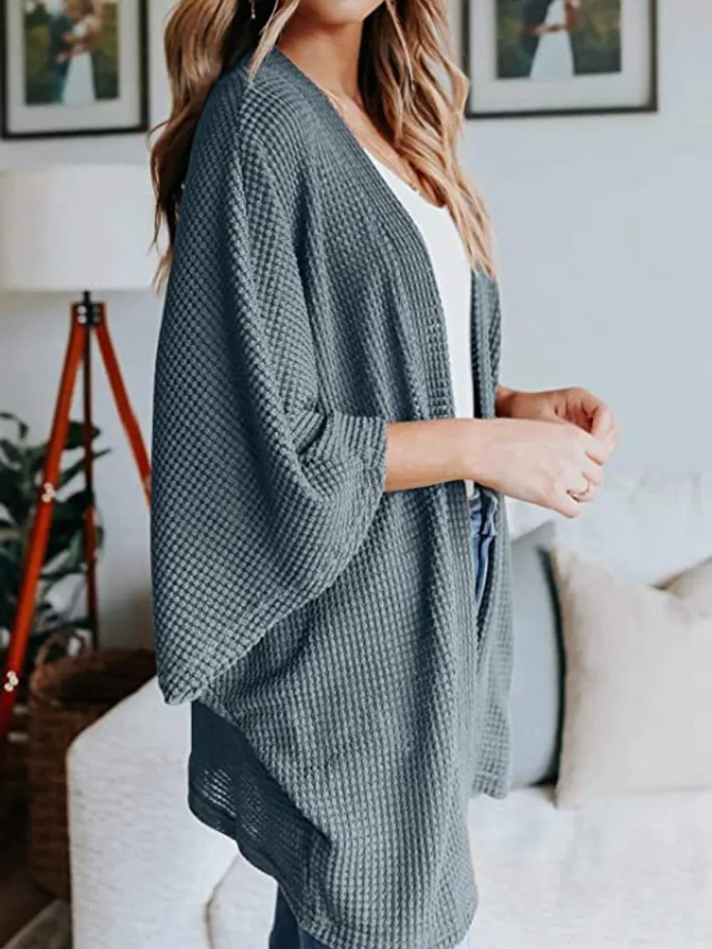 Full Size Open Front Waffle Knit Cardigan Plus Size, image 13