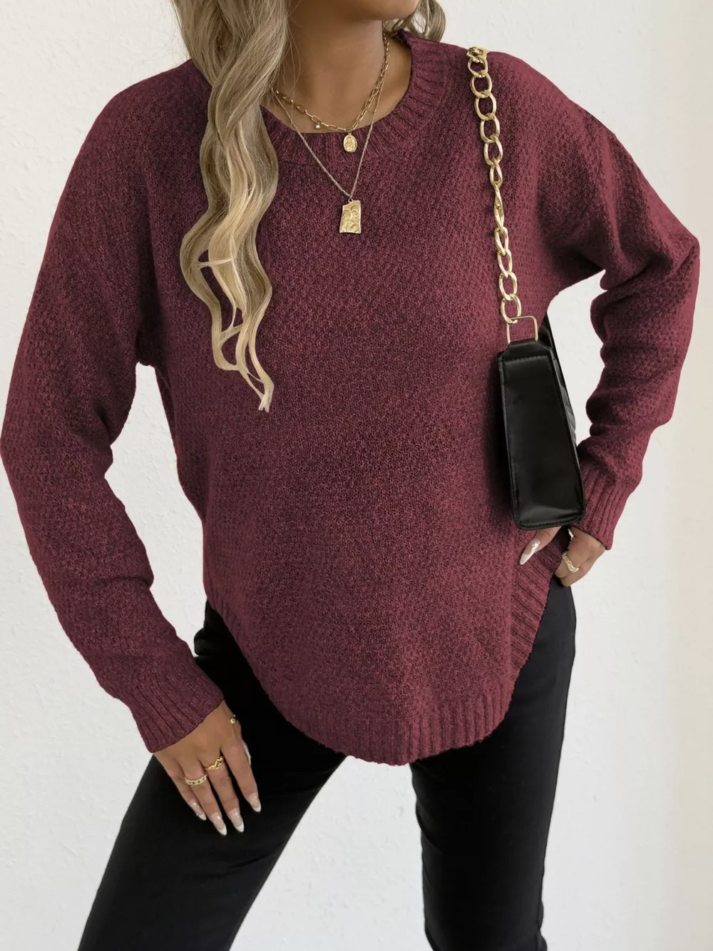 Textured Knit Relaxed Fit Round Neck Sweater, image 24