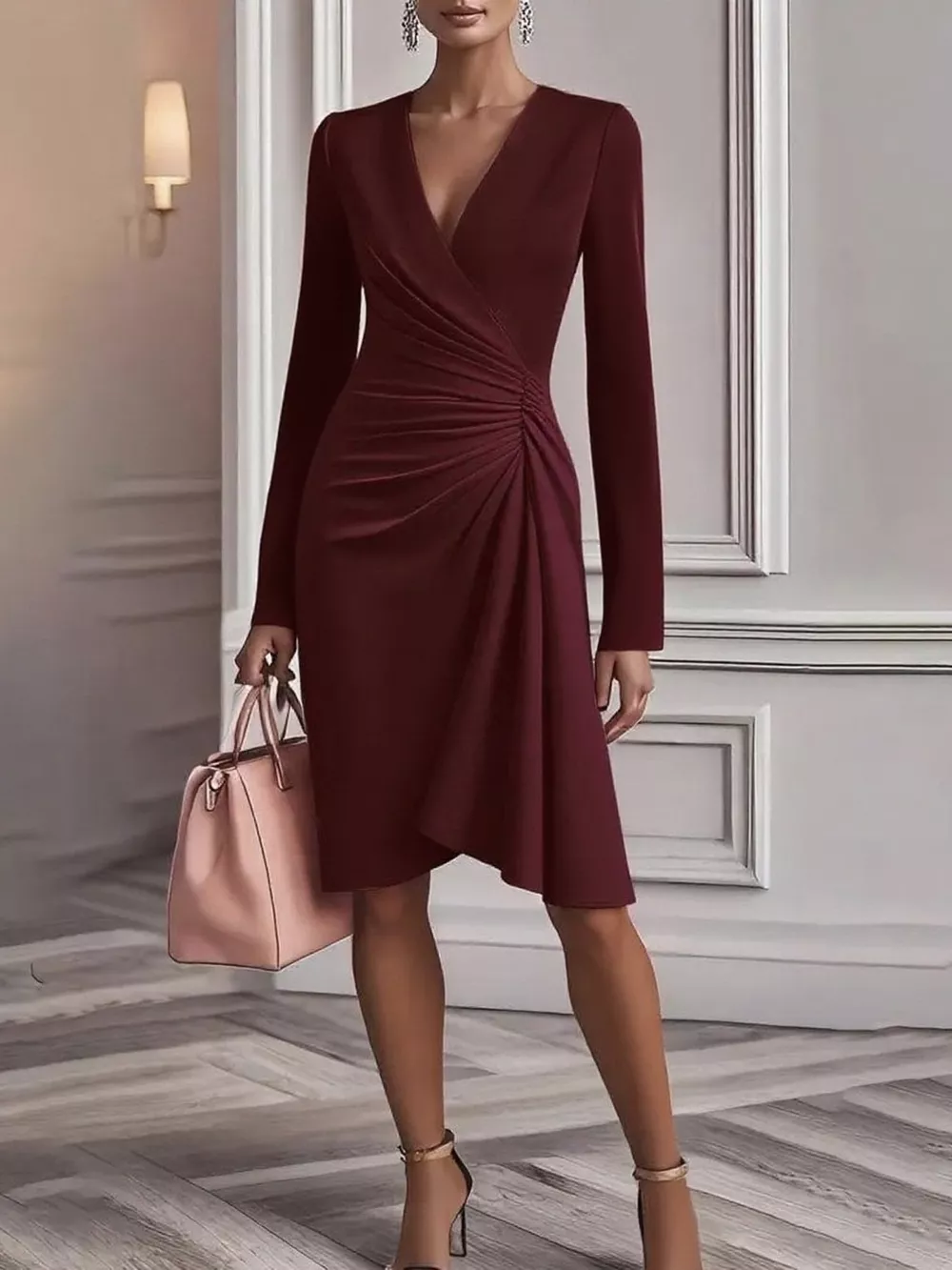 Front Ruched V-Neck Long Sleeve Dress, image 11