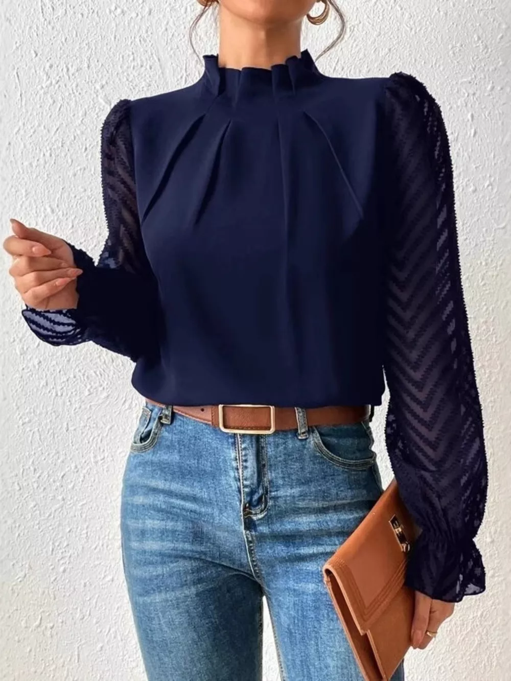 Mock Neck Sheer Lace Sleeve Blouse, image 8