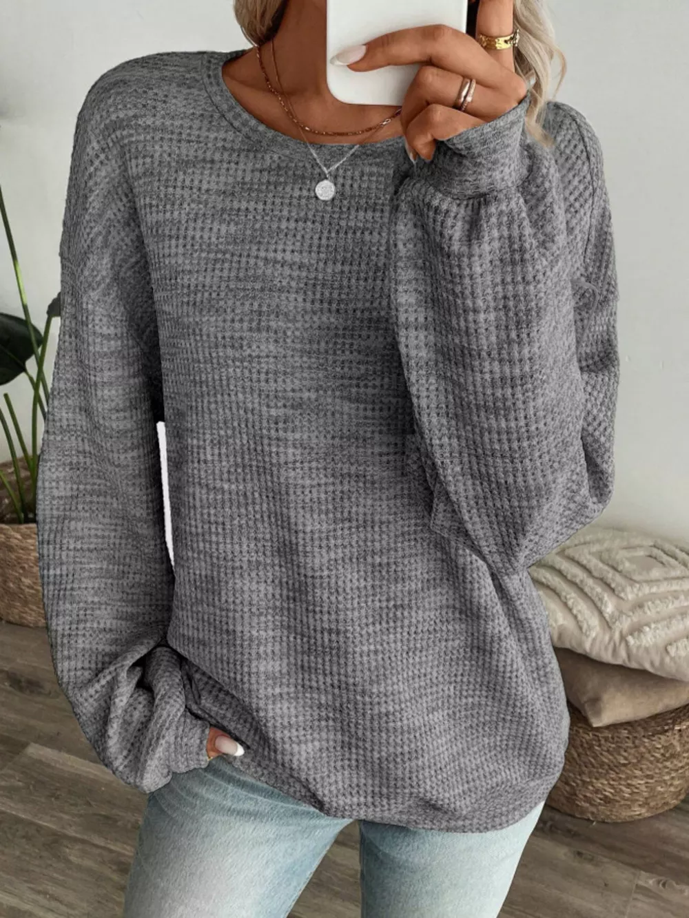 Space-Dyed Long Sleeve Waffle-Knit Top, image 11