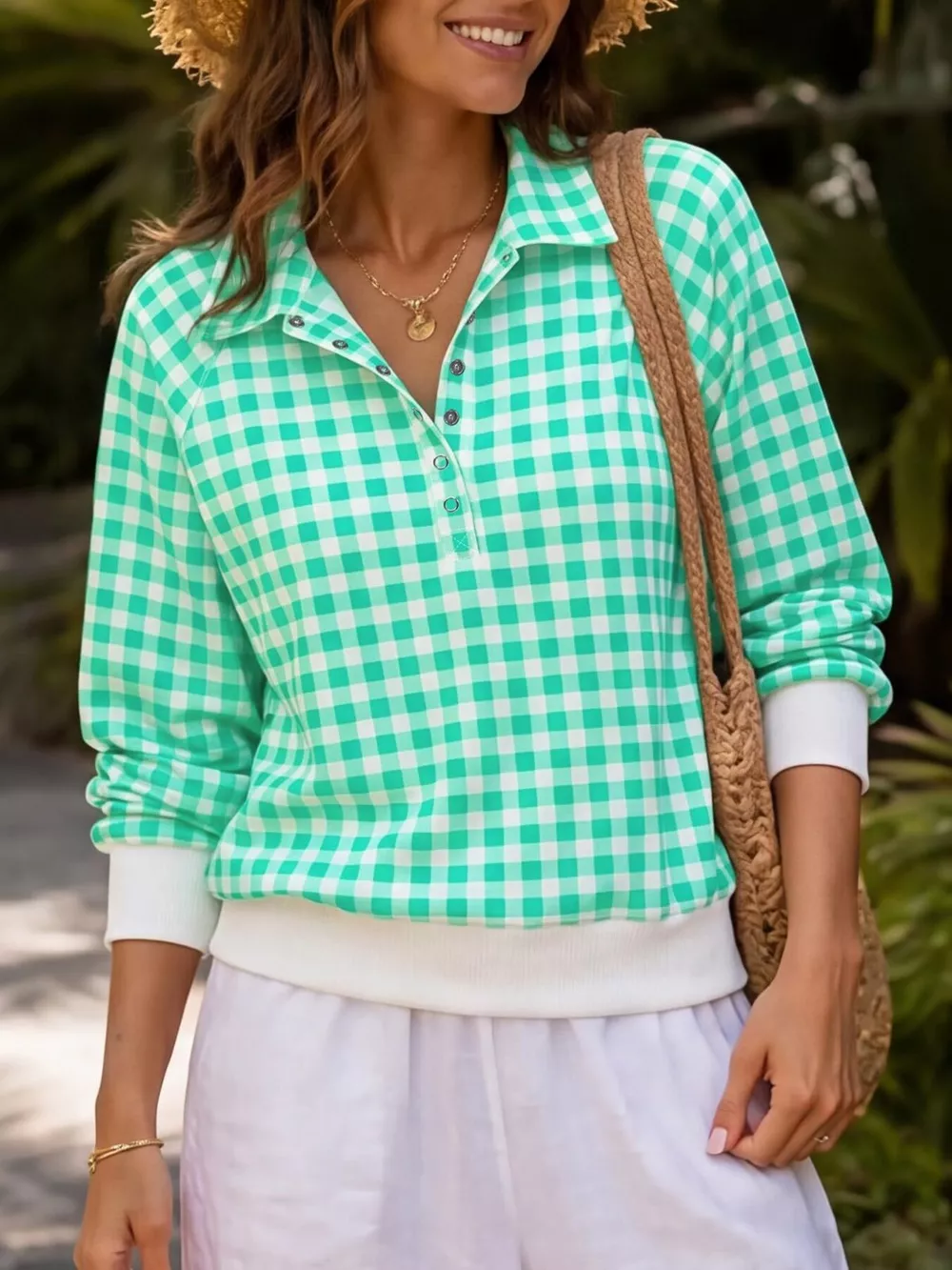 Gingham Plaid Collared Sweatshirt with Ribbed Hem, image 10