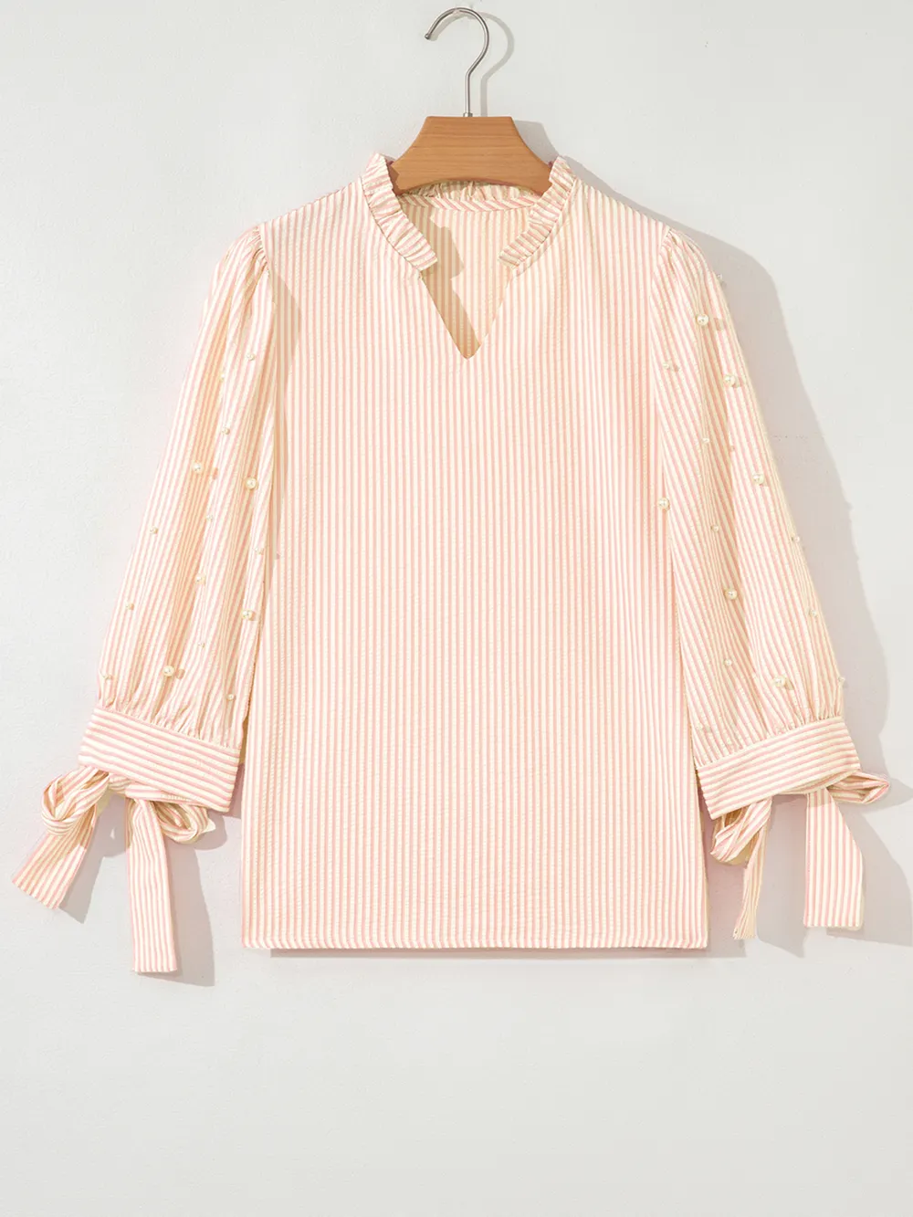 Stripe Bow Knot Cuff Pearl Embellished Puff Sleeve V Neck Blouse, image 4