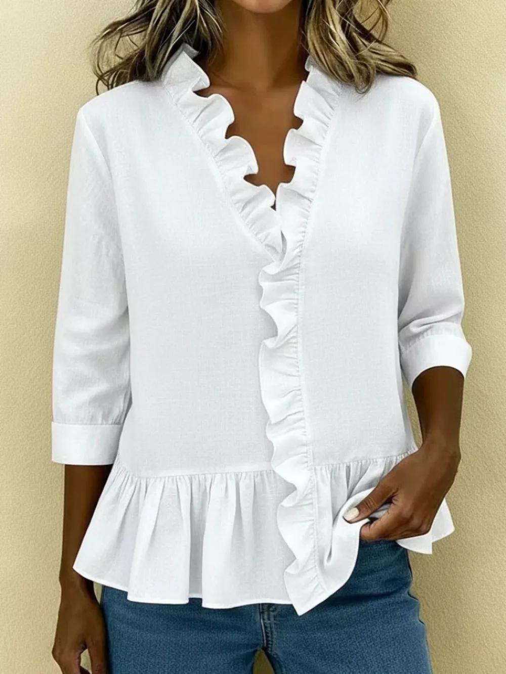Full Size Ruffled V-Neck Long Sleeve Blouse Plus Size, image 5