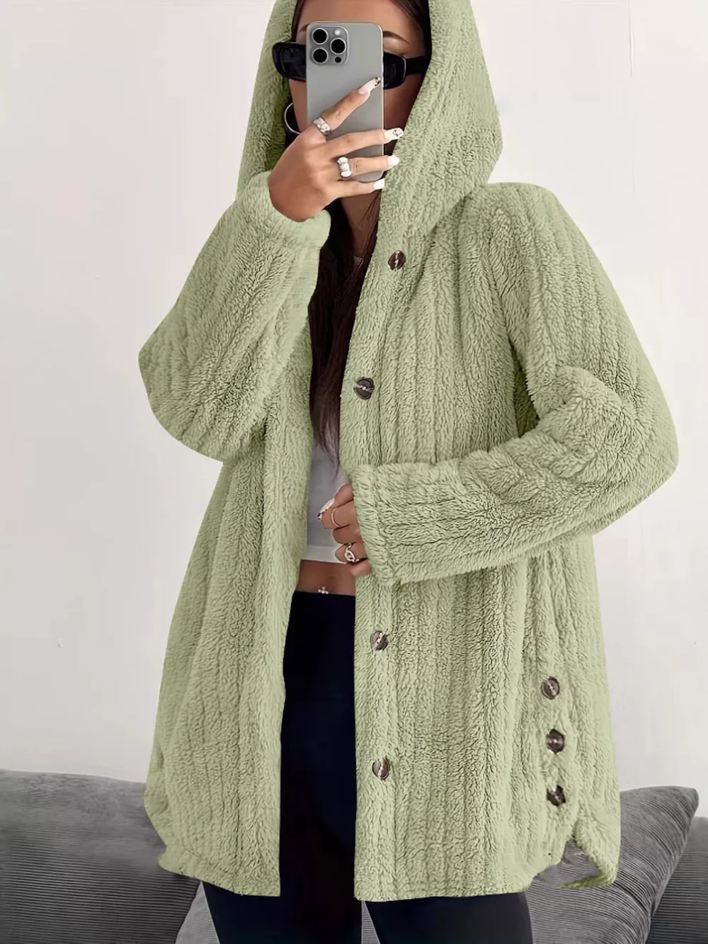 Full Size Fleece Button Up Hooded Outerwear Plus Size, image 11