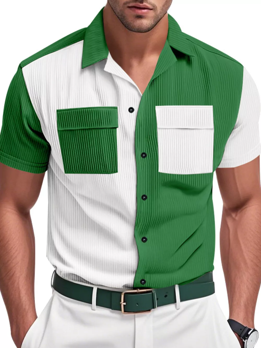 Men's Full Size Two-Tone Textured Short Sleeve Shirt Plus Size, image 2