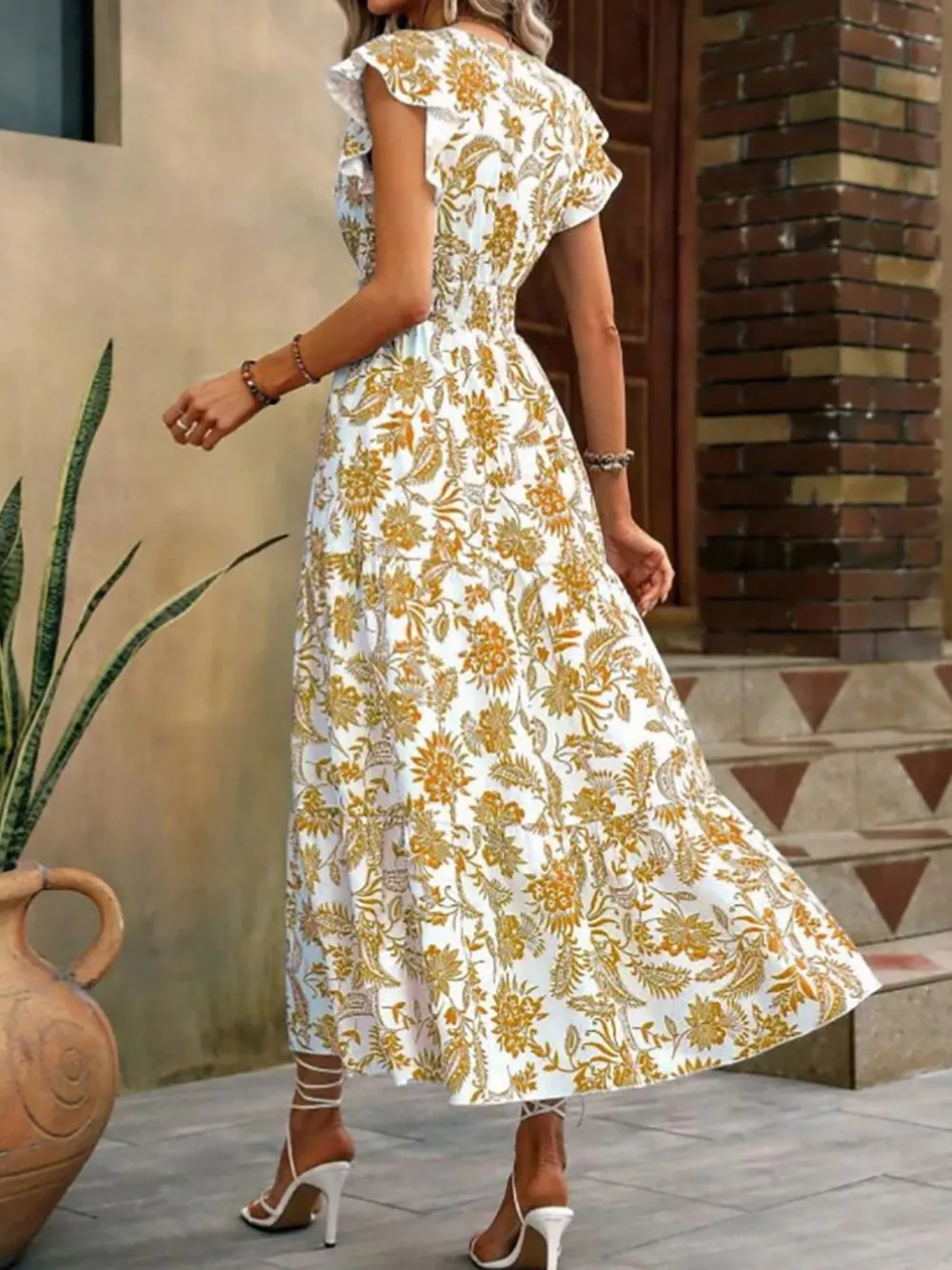 Floral Print Ruffle Sleeve Midi Dress, image 3