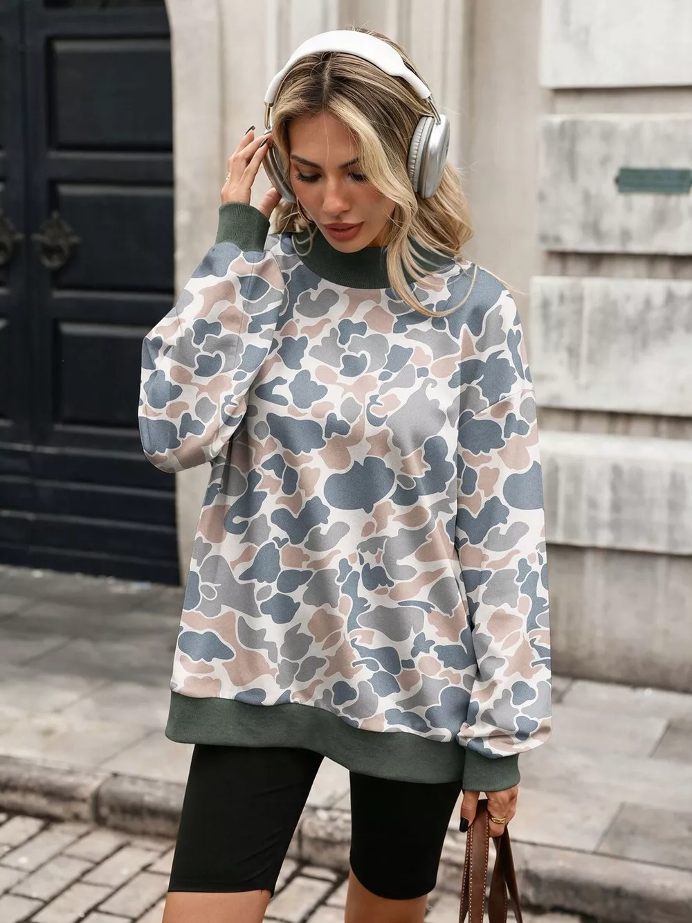Camouflage Print Mock Neck Sweatshirt, image 2