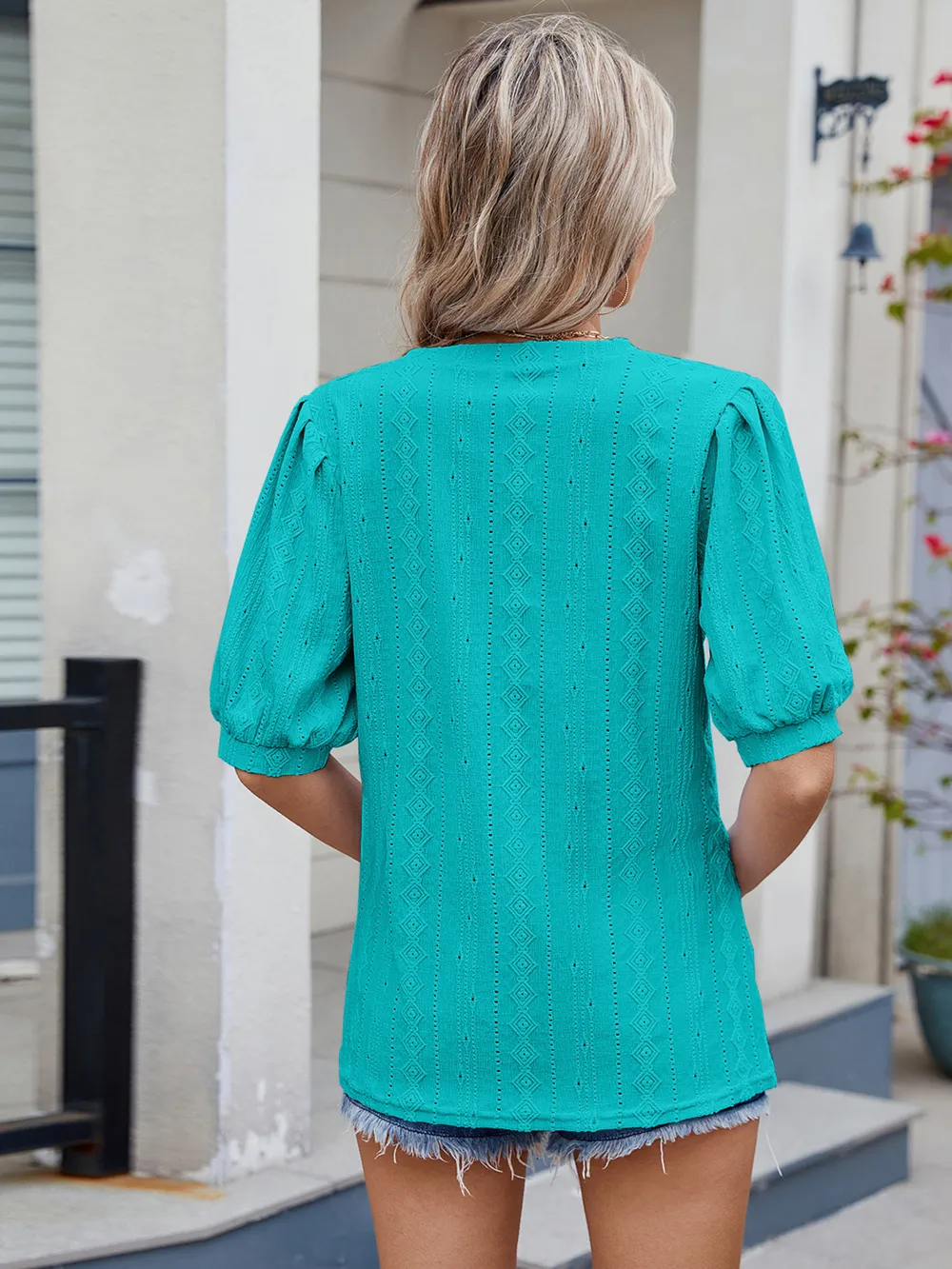 Eyelet V-Neck Puff Sleeve Casual Top, image 9